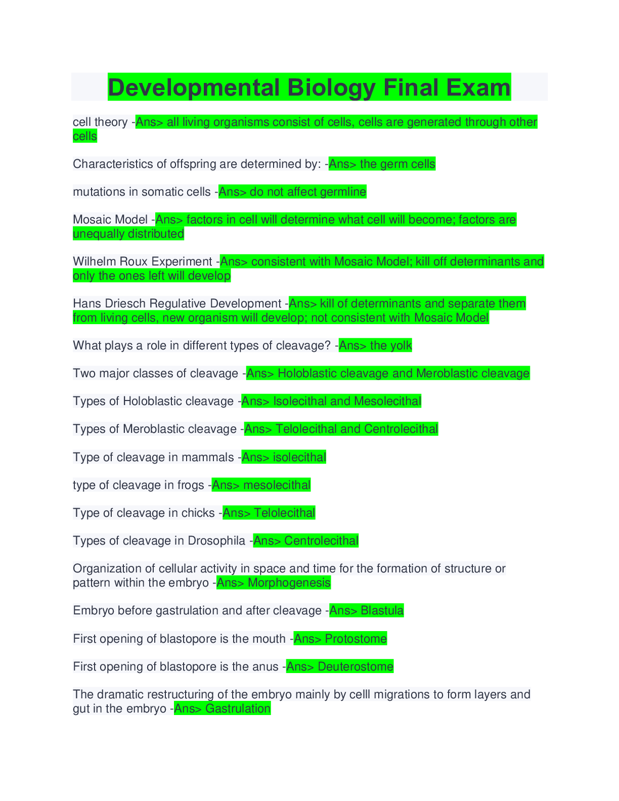 Preview image of Developmental Biology Final Exam document